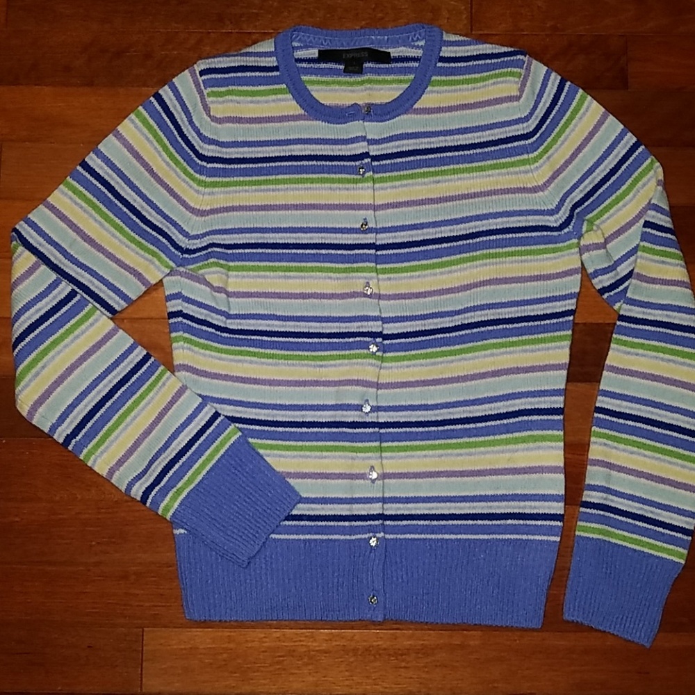 Express Striped Wool Cardigan w/Rhinestone Buttons